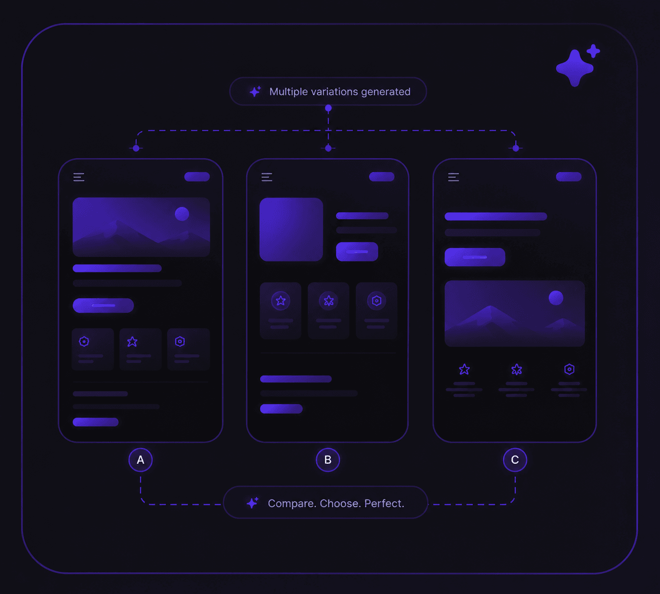 Three UI variations generated side by side for comparison